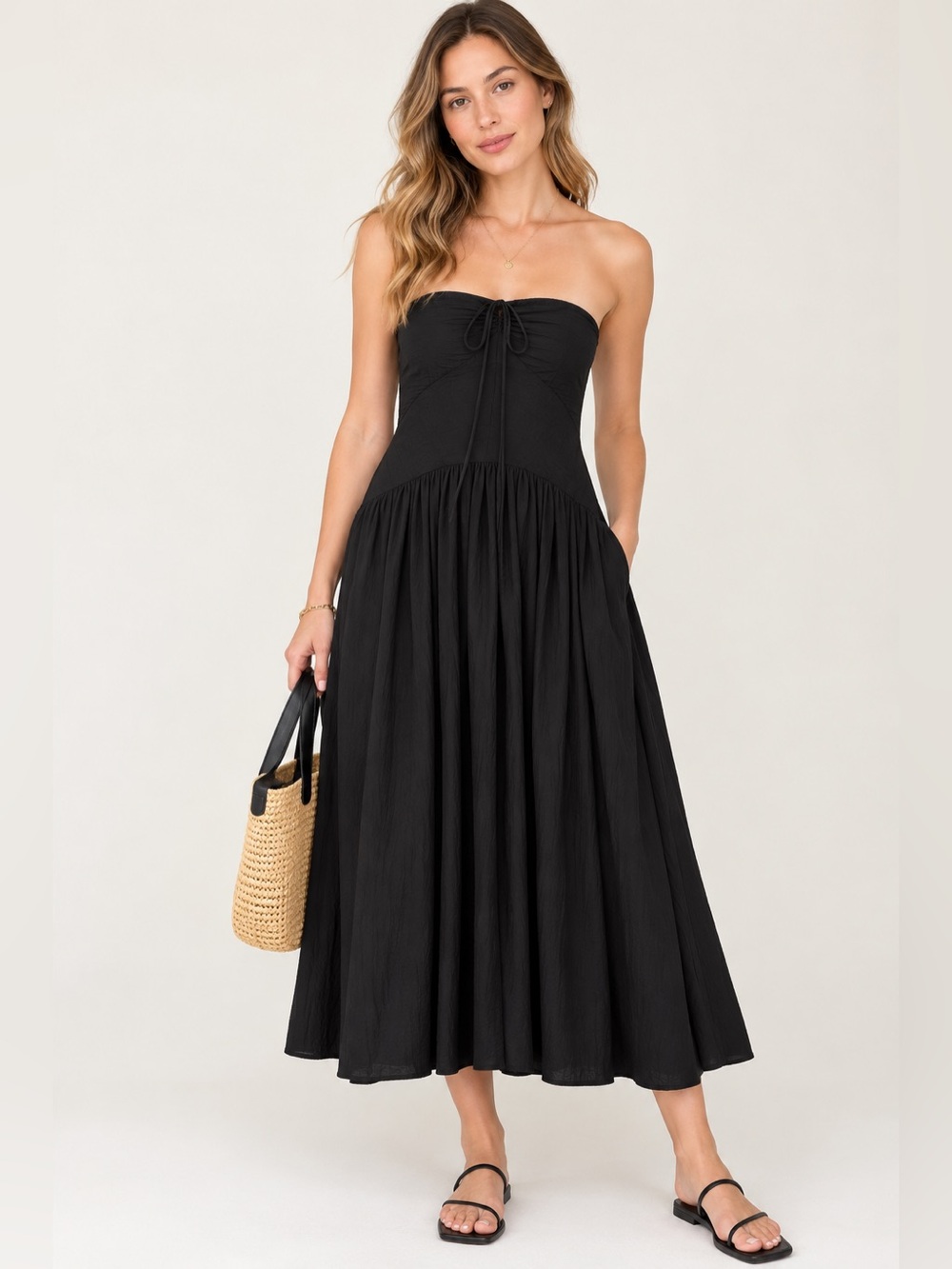 Vince Black Strapless Ruched Bodice Midi Dress XL